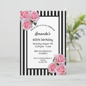 60e verjaardag roze floralen op zwarte witte strep kaart (Staand voorkant)