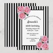 60e verjaardag roze floralen op zwarte witte strep kaart (Voorkant / Achterkant)