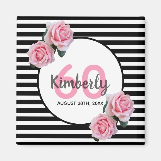 60e verjaardag roze floralen zwarte strepen naam magneet (Voorkant)