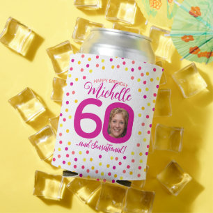 60e verjaardag roze gele confetti twee foto's blikjeskoeler