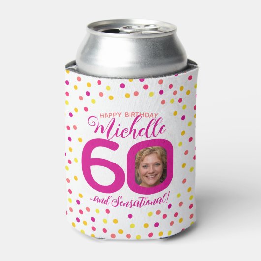 60e verjaardag roze gele confetti twee foto's blikjeskoeler (Blikje Voorkant)