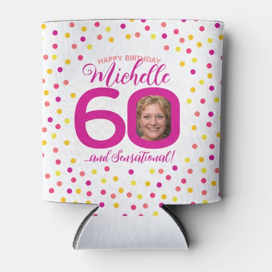 60e verjaardag roze gele confetti twee foto's blikjeskoeler (Voorkant)