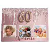 60e verjaardag roze glitter druppelt foto naam groot cadeauzakje (Voorkant)