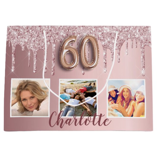 60e verjaardag roze glitter druppelt foto naam groot cadeauzakje (Voorkant)