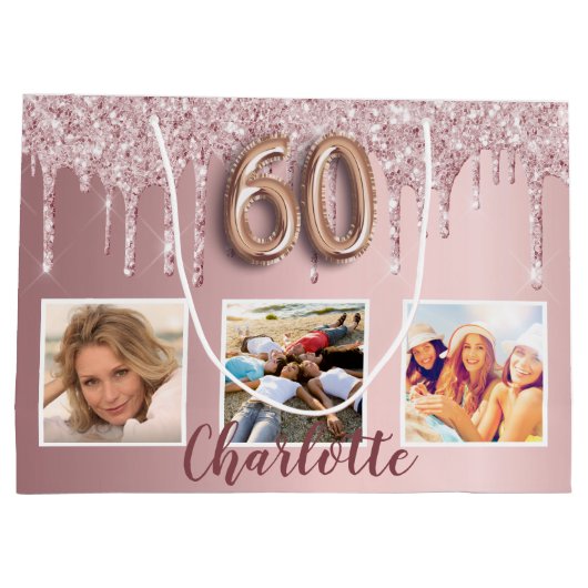 60e verjaardag roze glitter druppelt foto naam groot cadeauzakje (Achterkant)