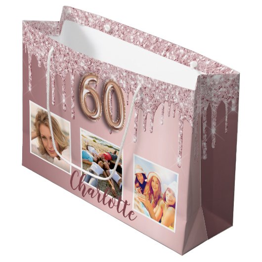 60e verjaardag roze glitter druppelt foto naam groot cadeauzakje (Voorkant Gekanteld)