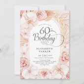 60e Verjaardag Roze Goud Bloemmotief Kaart (Voorkant)