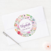 60e verjaardag roze paarse bloemen ronde sticker (Envelop)
