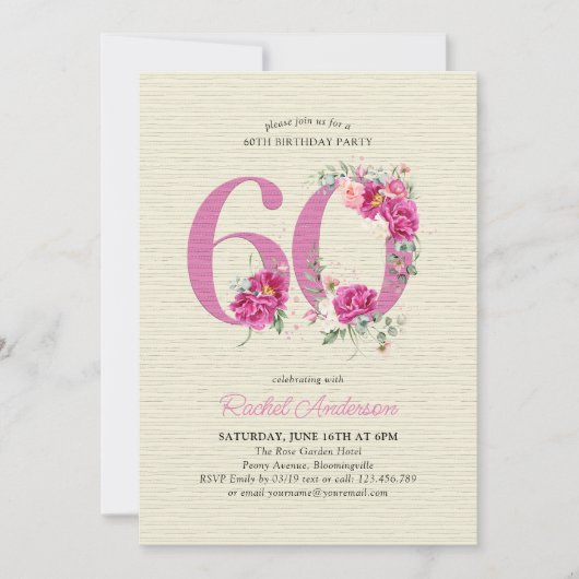 60e verjaardag roze pioen bloemstuk nummer 60 kaart (Voorkant)