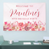60e verjaardag roze roos swirly hart welkom spandoek (Beurs)