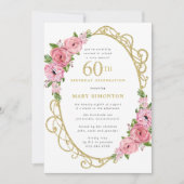 60e verjaardag Roze Rose Floral Gold Invitation Kaart (Voorkant)