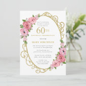 60e verjaardag Roze Rose Floral Gold Invitation Kaart (Staand voorkant)