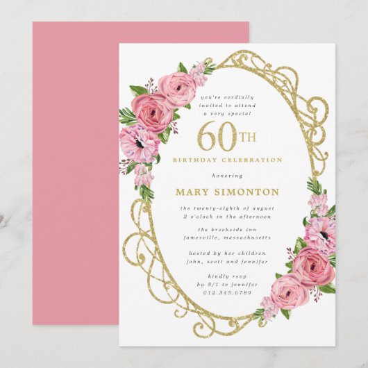 60e verjaardag Roze Rose Floral Gold Invitation Kaart (Voorkant / Achterkant)