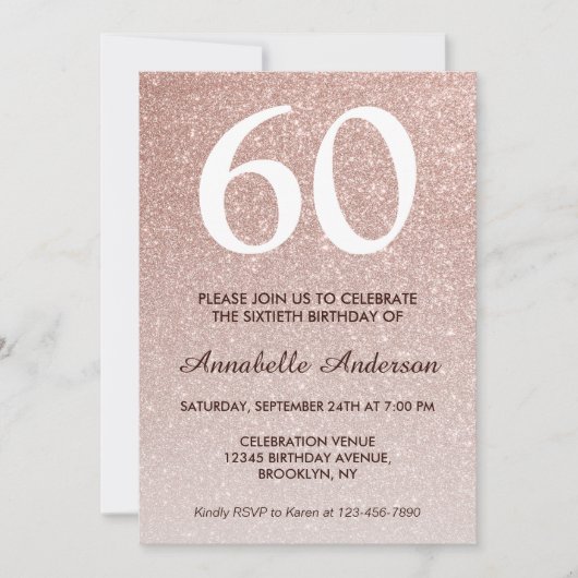 60e verjaardag Roze Rose Gold Glitter Sparkle Ombr Kaart (Voorkant)