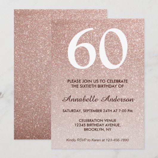 60e verjaardag Roze Rose Gold Glitter Sparkle Ombr Kaart (Voorkant / Achterkant)