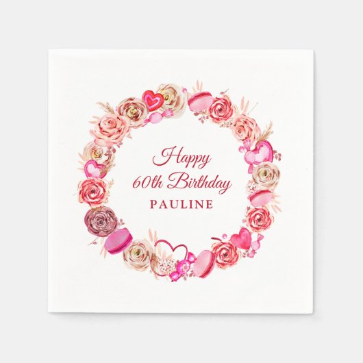 60e Verjaardag Roze Rose Swirly Heart Valentijns's Servet (Voorkant)