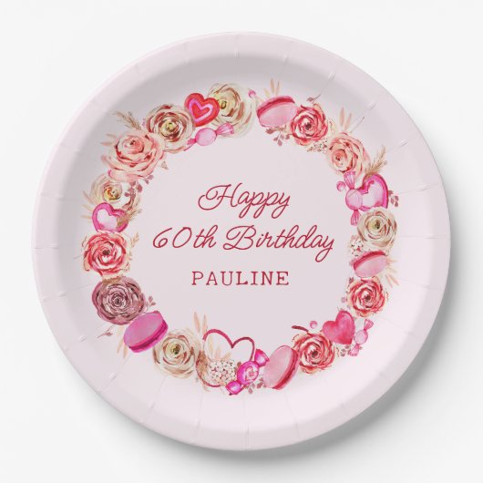 60e verjaardag roze rozen swirly hart papieren bordje (Voorkant)