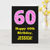 60e verjaardag: Roze strepen en hart "60" + naam Kaart (Gele Bloem)