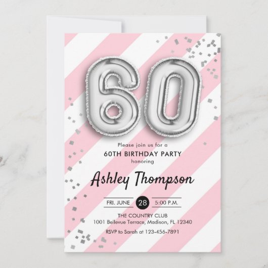 60e verjaardag - Roze strepen en zilveren ballonne Kaart (Voorkant)