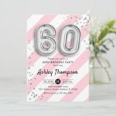 60e verjaardag - Roze strepen en zilveren ballonne Kaart (Staand voorkant)