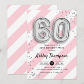 60e verjaardag - Roze strepen en zilveren ballonne Kaart (Voorkant / Achterkant)