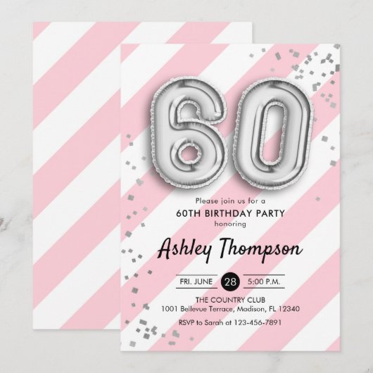 60e verjaardag - Roze strepen en zilveren ballonne Kaart (Voorkant / Achterkant)