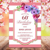 60e verjaardag Roze Striped Paarse Floral Party Kaart