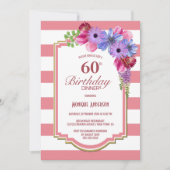 60e verjaardag Roze Striped Paarse Floral Party Kaart (Voorkant)