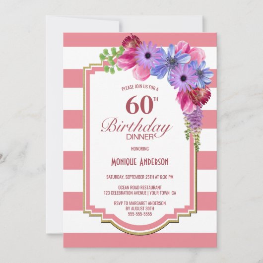 60e verjaardag Roze Striped Paarse Floral Party Kaart (Voorkant)