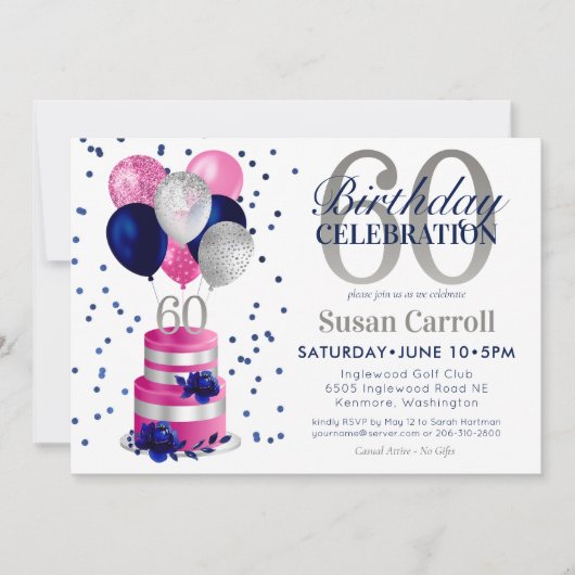 60e verjaardag roze taart kaart (Voorkant)