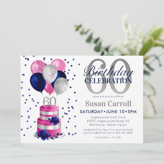 60e verjaardag roze taart kaart (Staand voorkant)