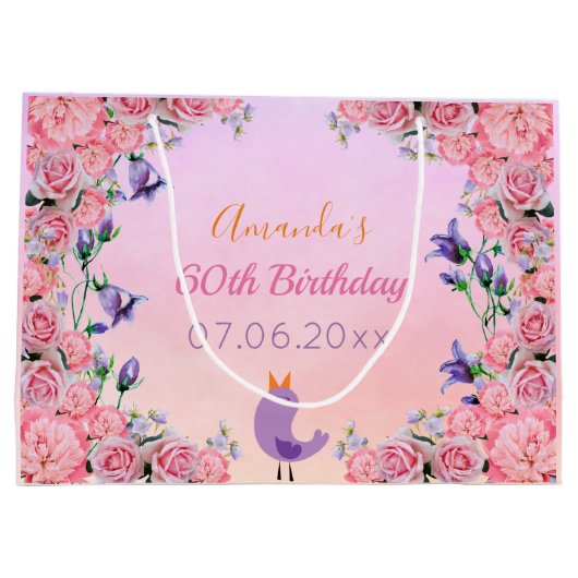 60e verjaardag roze violette bloemen schattig groot cadeauzakje (Achterkant)