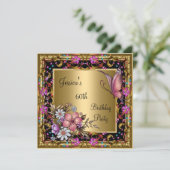 60e verjaardag  roze vlinderbloemgoud kaart (Staand voorkant)