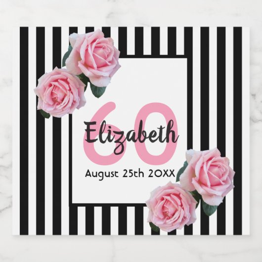 60e verjaardag roze witte strepen bloemen sparkling wijnetiket (Enkel label)