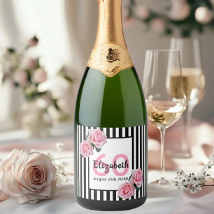 60e verjaardag roze witte strepen bloemen sparkling wijnetiket