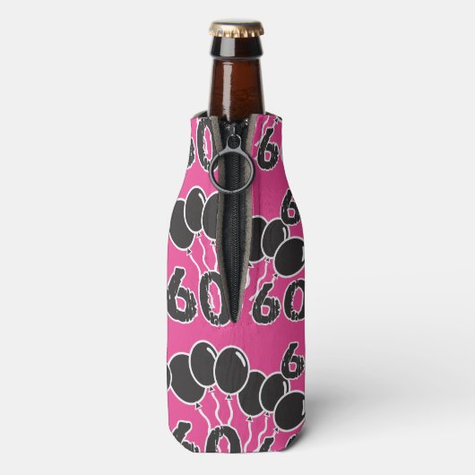 60e verjaardag ROZE ZWART Flesjeskoeler (Fles Achterkant)