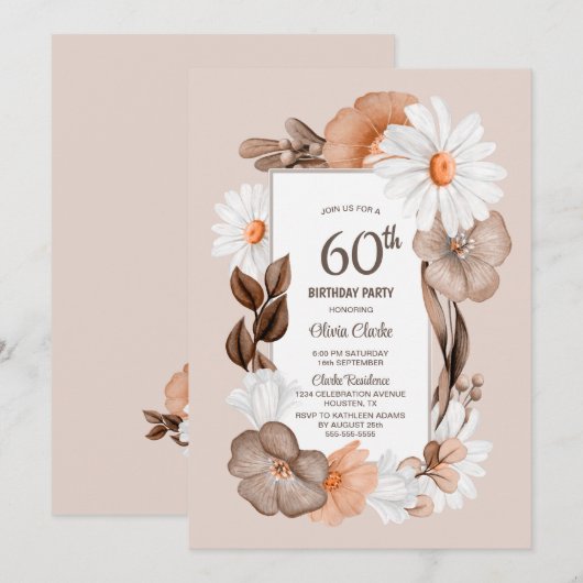 60e verjaardag Rustic Boho Floral Party Kaart (Voorkant / Achterkant)
