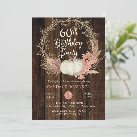 60e verjaardag - Rustic Pumpkin Pampas Wreath Kaart (Staand voorkant)