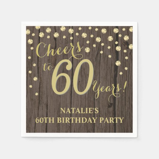 60e verjaardag Rustic Wood en Gold Diamond N Servet (Voorkant)
