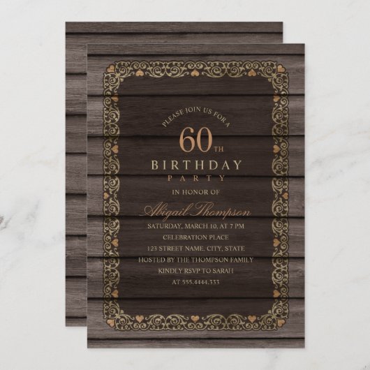 60e verjaardag Rustic Wood Fancy Land Partij Kaart (Voorkant / Achterkant)