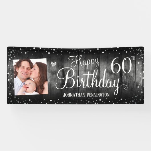 60e verjaardag Rustic Wood Foto Silver Confetti Spandoek (Horizontaal)