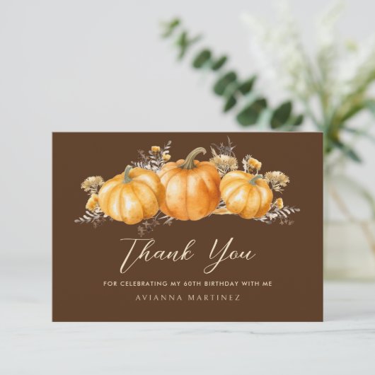 60e verjaardag rustieke boho pompoen flat bedankkaart (Staand voorkant)