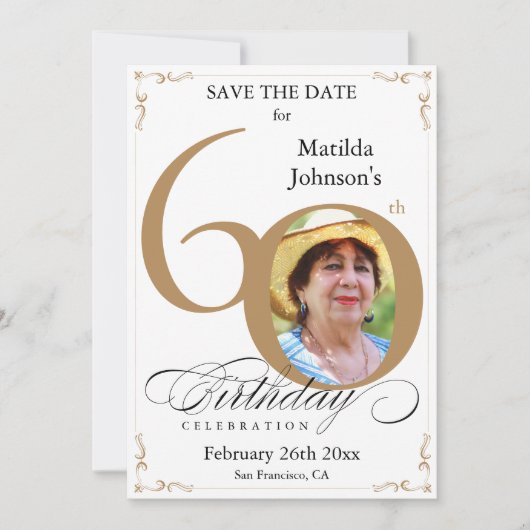 60e verjaardag Save the Date Gold and White Custom Kaart (Voorkant)