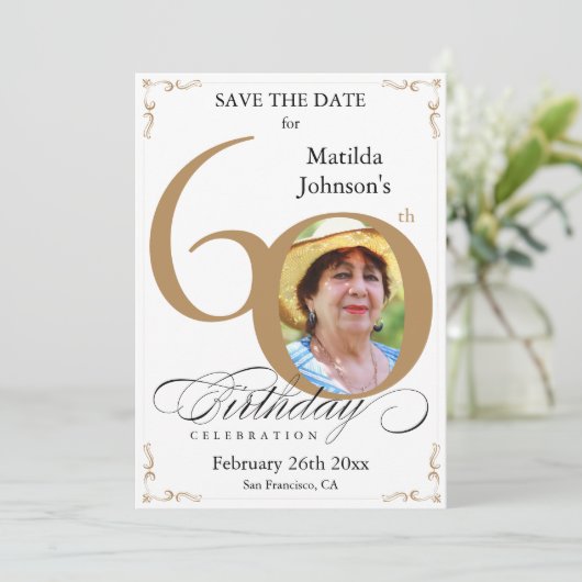 60e verjaardag Save the Date Gold and White Custom Kaart (Staand voorkant)