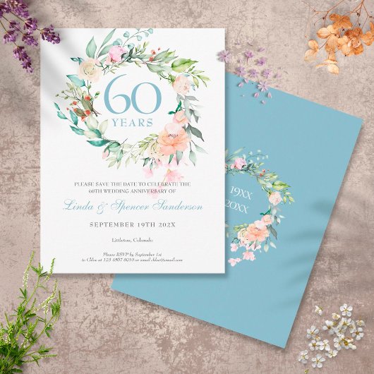 60e verjaardag Save the Date rozen groen Briefkaart
