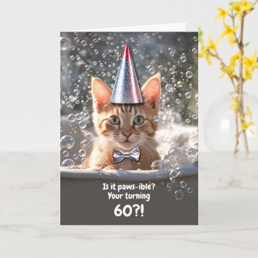 60e verjaardag Schattige en grappig kitten in bubb Kaart (Gele Bloem)