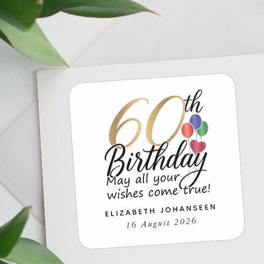60e verjaardag script gold typografie mijlpaal vierkante sticker