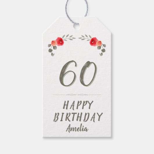 60e Verjaardag Script Waterverf Roos Bloemen Cadeaulabel (Voorkant)