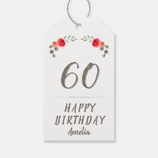 60e Verjaardag Script Waterverf Roos Bloemen Cadeaulabel (Achterkant)