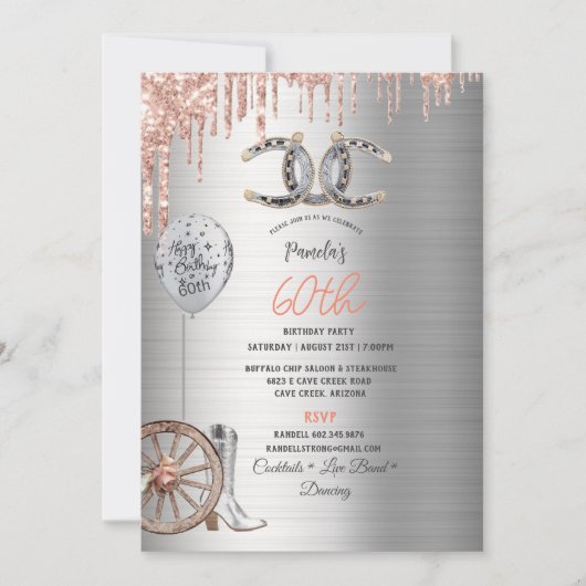 60e verjaardag Silver Cowgirl Boots Hoefijzer Roos Kaart (Voorkant)